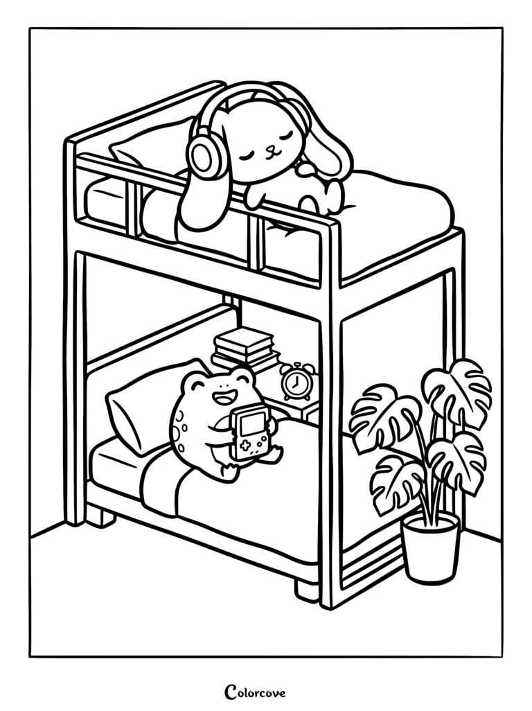 A cute bunny wearing headphones sleeping on the top bunk while a happy frog plays a handheld game on the bottom bunk of this cozy bunk bed coloring page.