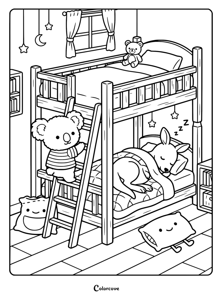 A cute koala climbing a wooden bunk bed ladder while a kangaroo sleeps soundly on the bottom bunk in this detailed coloring page.