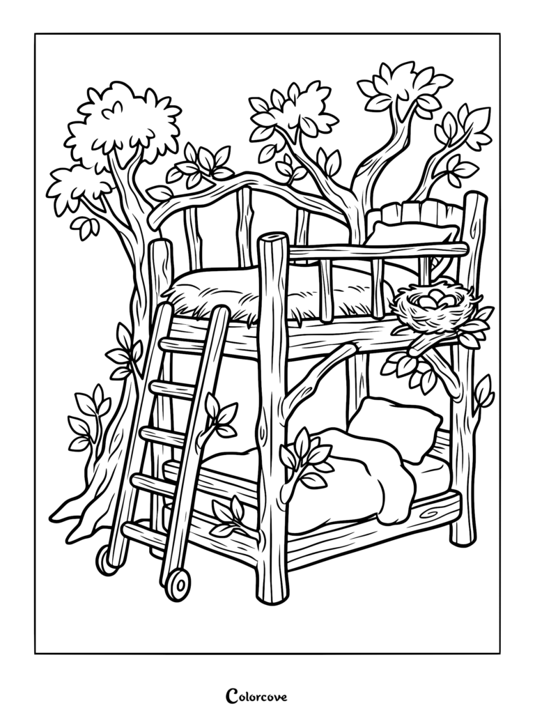 A rustic wooden bunk bed built into a tree with a bird nest on the top bunk, presented as a detailed coloring page.