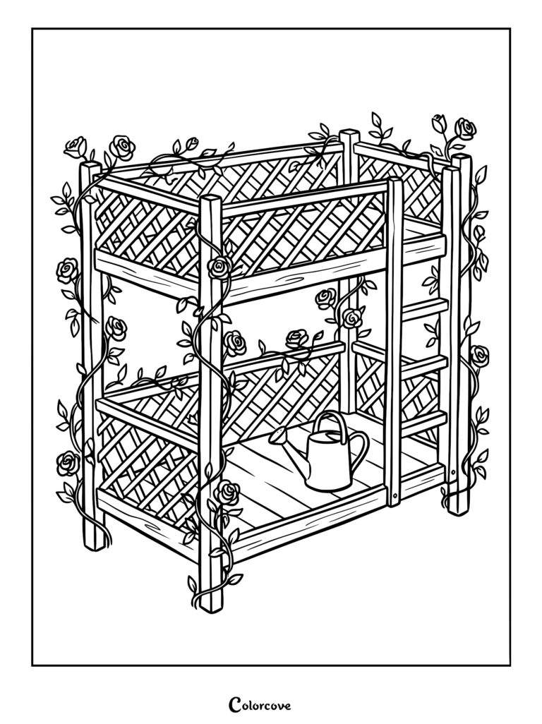 A line art coloring page featuring a wooden bunk bed with lattice sides, overgrown with climbing rose vines and a watering can on the bottom bunk.