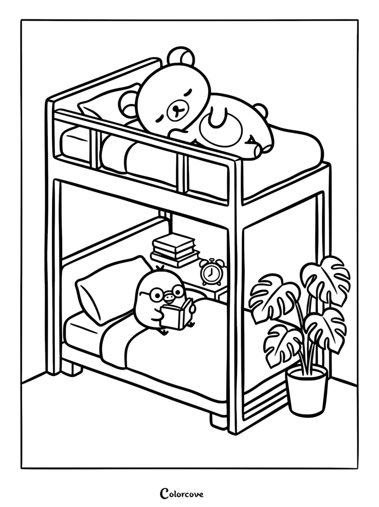 Rilakkuma sleeping on the top bunk while Kiiroitori reads a book on the bottom bunk of a wooden bed frame, coloring page.