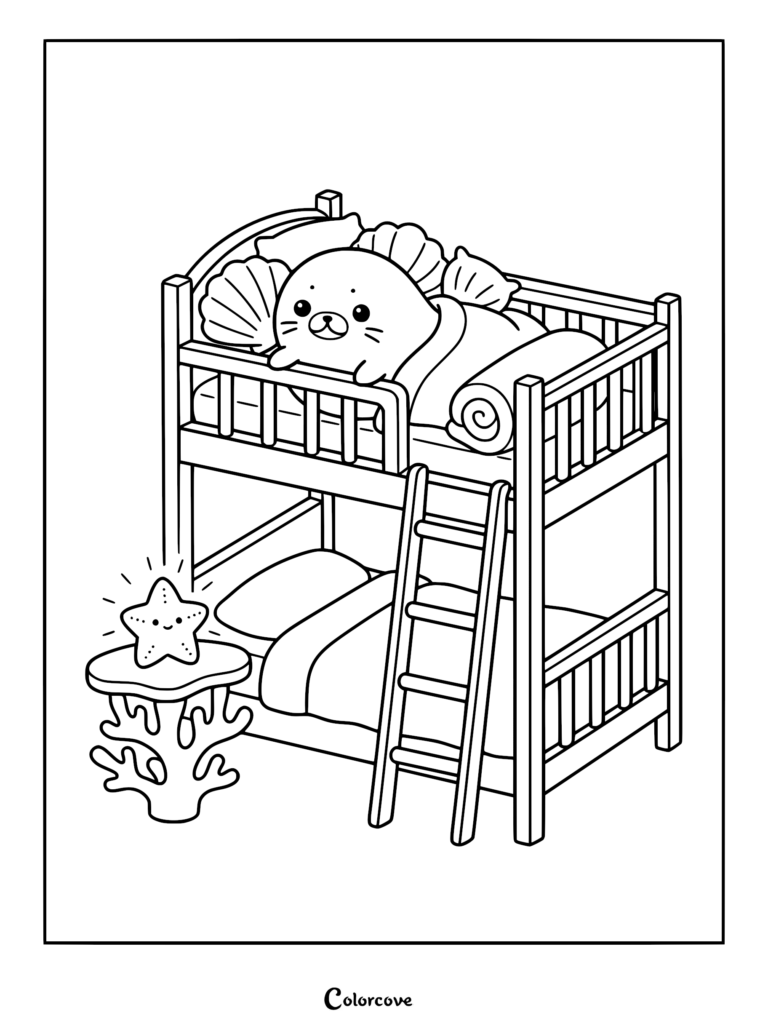 A cute seal sleeping in the top bunk of a bed with seashell pillows, next to a glowing starfish on a coral nightstand, coloring page.