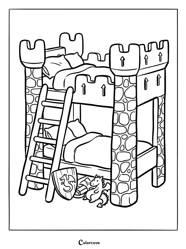 A line art coloring page of a castle-themed bunk bed with stone tower posts, a ladder, a dragon shield, and a small dragon toy.