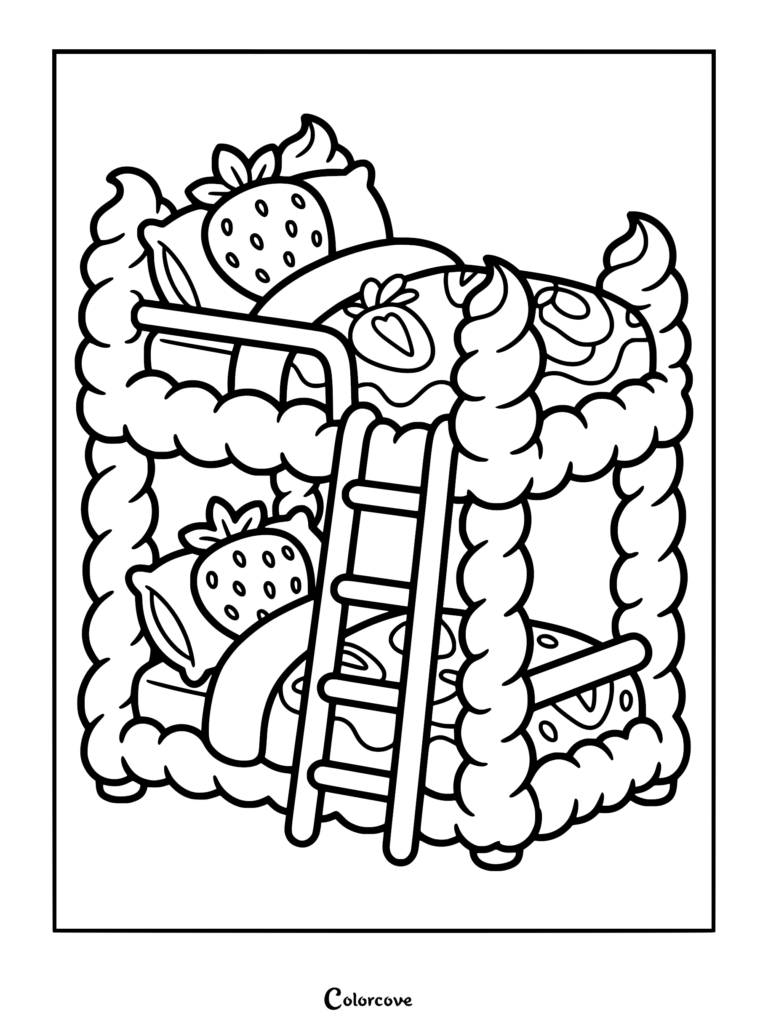 A whimsical bunk bed coloring page featuring strawberry-themed pillows and whipped cream-style bed frames.