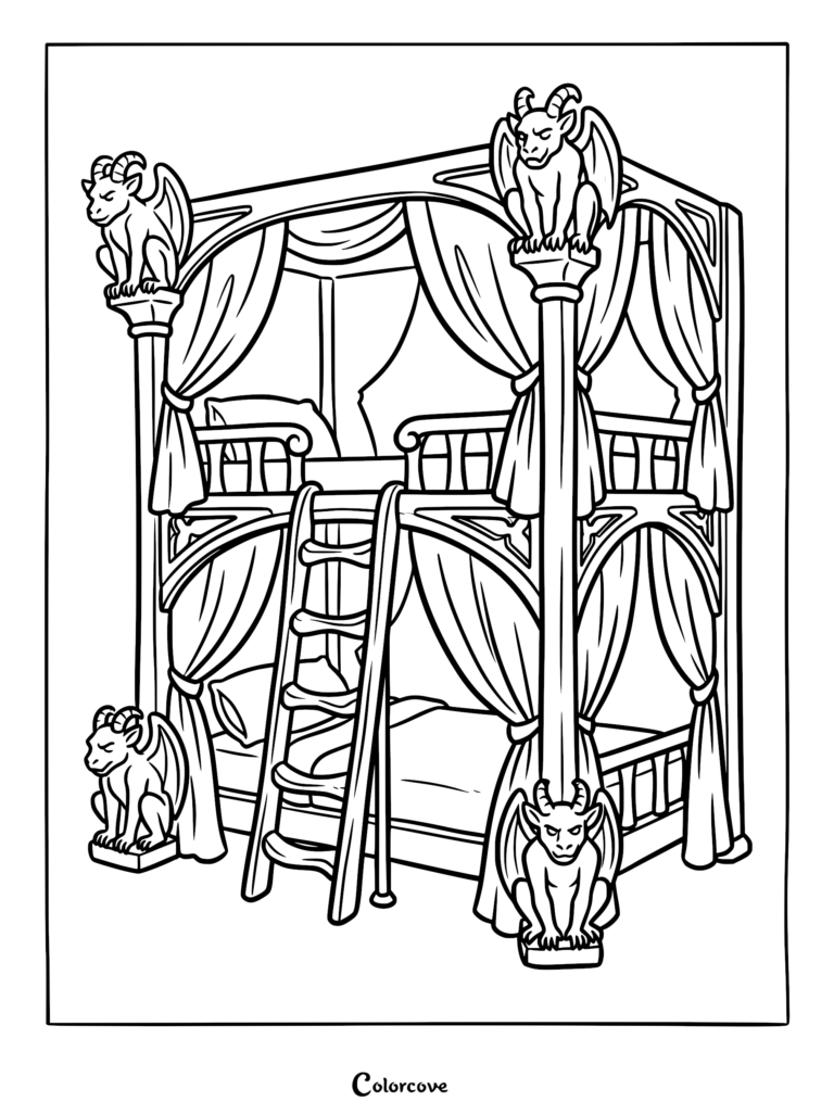 A detailed coloring page of a gothic style bunk bed featuring four stone gargoyles perched on the bedposts and elegant draped curtains.