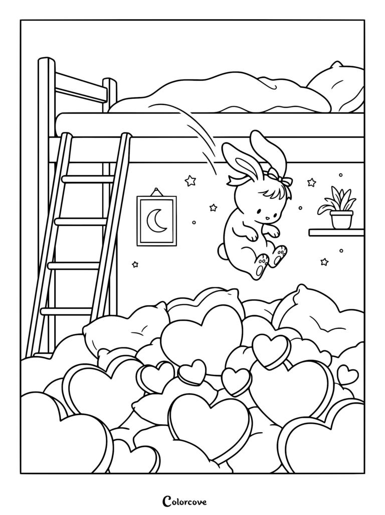 A cute bunny with a bow jumping from a cozy bunk bed into a pile of heart-shaped pillows, coloring page style line art.