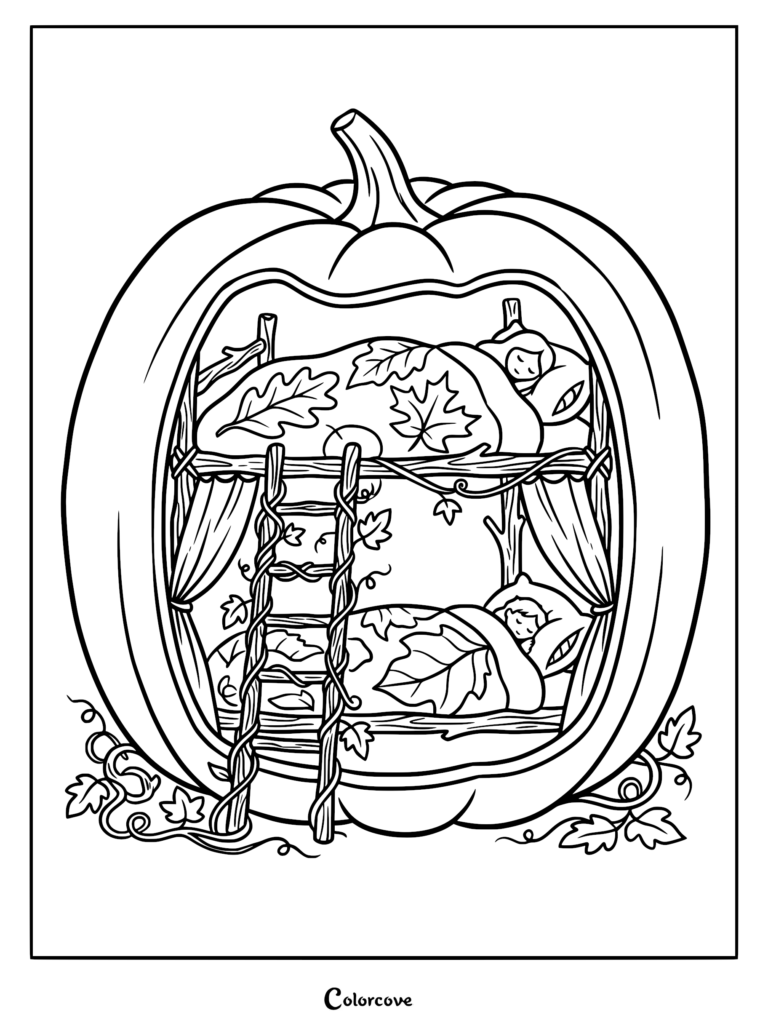 A coloring page featuring two children sleeping in a rustic bunk bed carved inside a large pumpkin, decorated with autumn leaves and vines.
