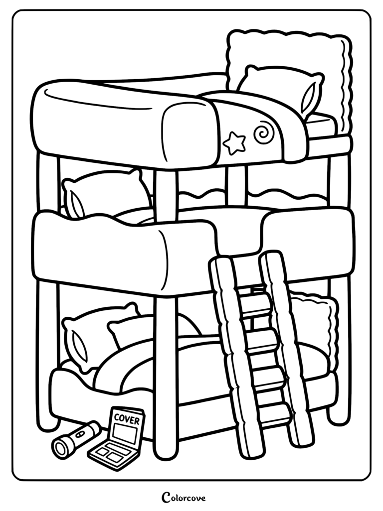 A triple bunk bed coloring page featuring a ladder, pillows, a flashlight, and a small laptop on the floor.