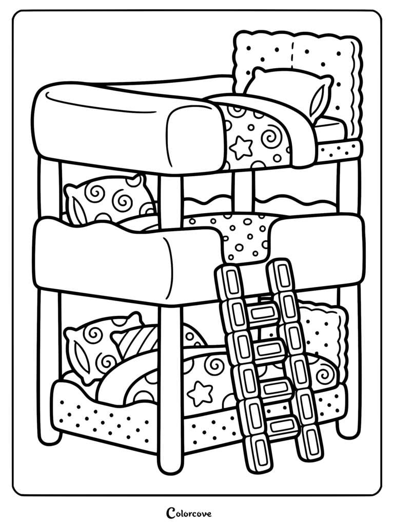 A detailed coloring page featuring a bunk bed with star and swirl patterned bedding, plush pillows, and a sturdy ladder.