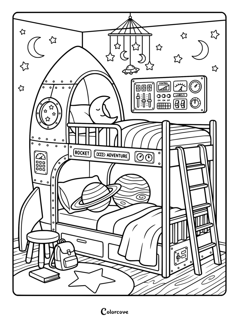 A printable coloring page featuring a space-themed bunk bed shaped like a rocket ship with planet pillows, a control panel on the wall, and a star-shaped rug.