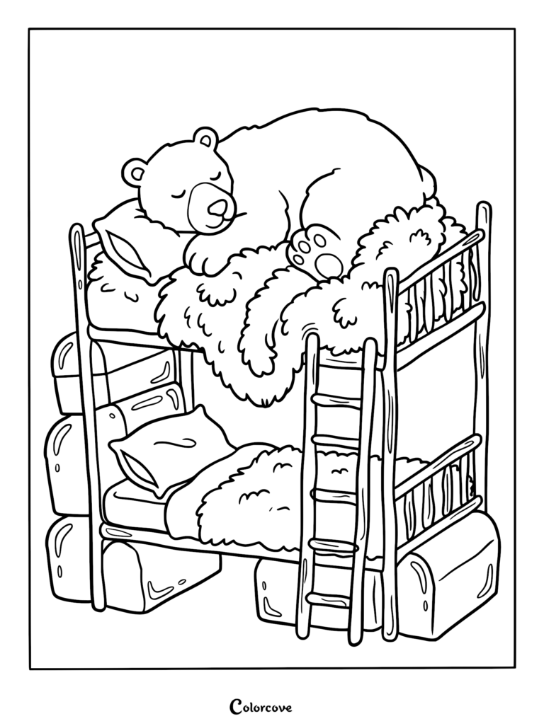A cute bear sleeping on the top bunk of a wooden bunk bed, featured in a detailed line art coloring page.