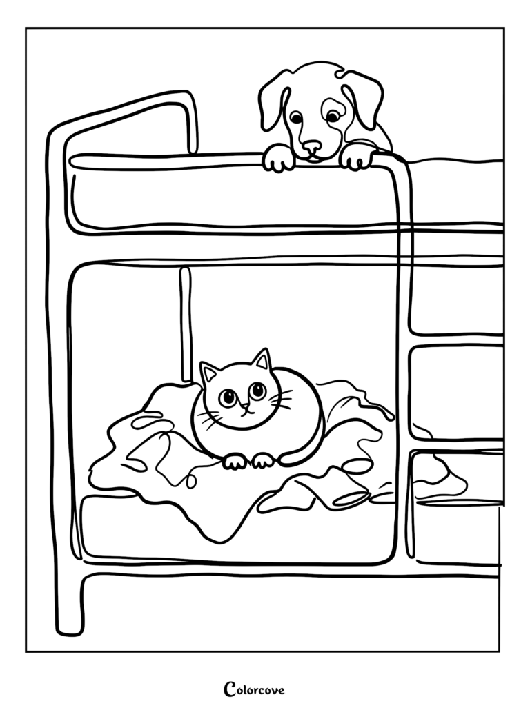 A puppy peeking over the top bunk while a kitten rests on the bottom bunk in this line art coloring page.
