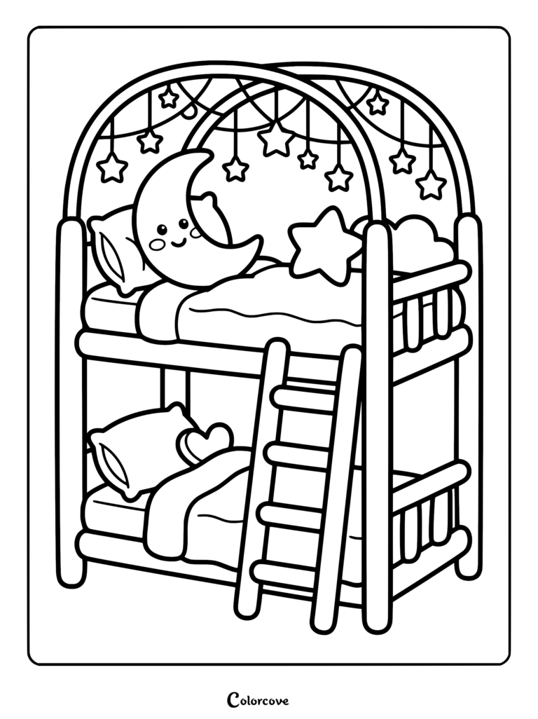 A cozy bunk bed coloring page featuring a smiling crescent moon and star plushie on the top bunk with hanging star decorations.