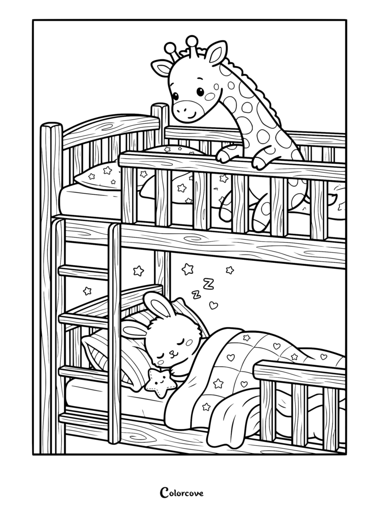 A giraffe looking down from the top bunk at a sleeping bunny on the bottom bunk in this cozy bunk bed coloring page.