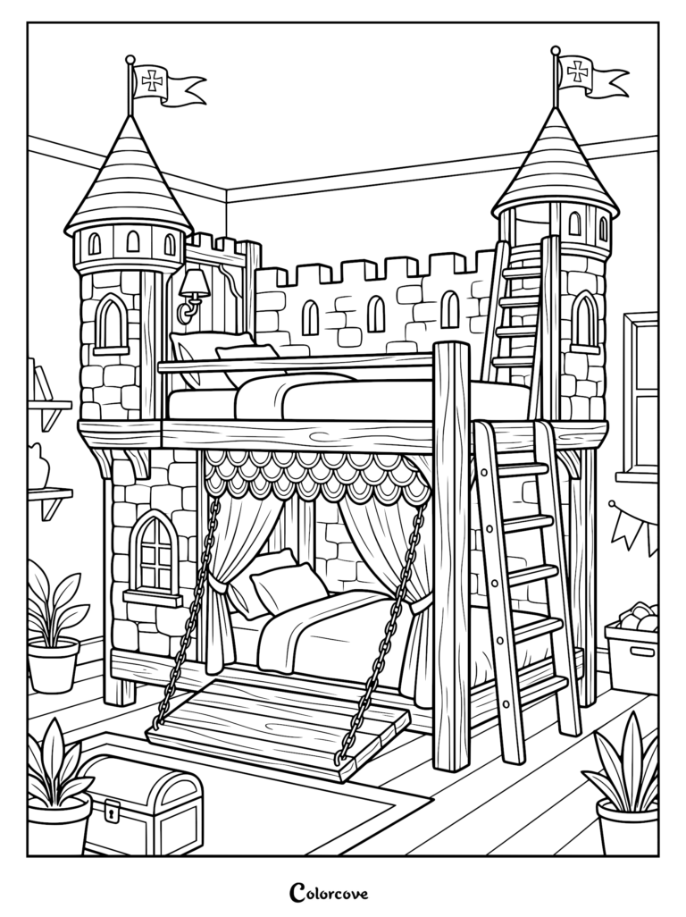 A detailed coloring page featuring a castle-themed bunk bed with turret towers, a hanging wooden platform, and a ladder in a bedroom setting.