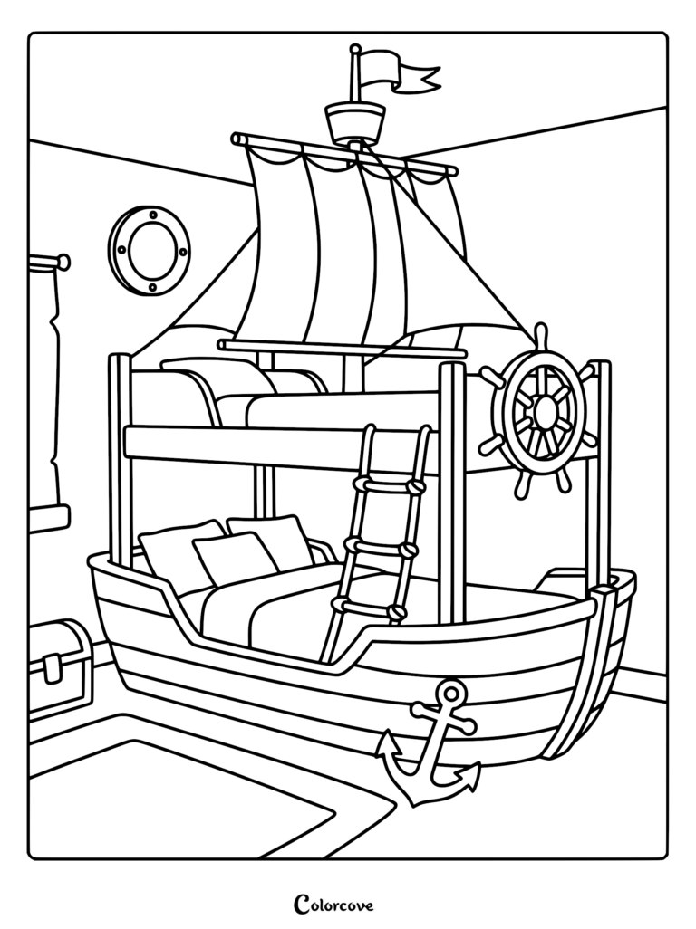 A line art coloring page of a bunk bed shaped like a pirate ship with sails, a steering wheel, and an anchor.