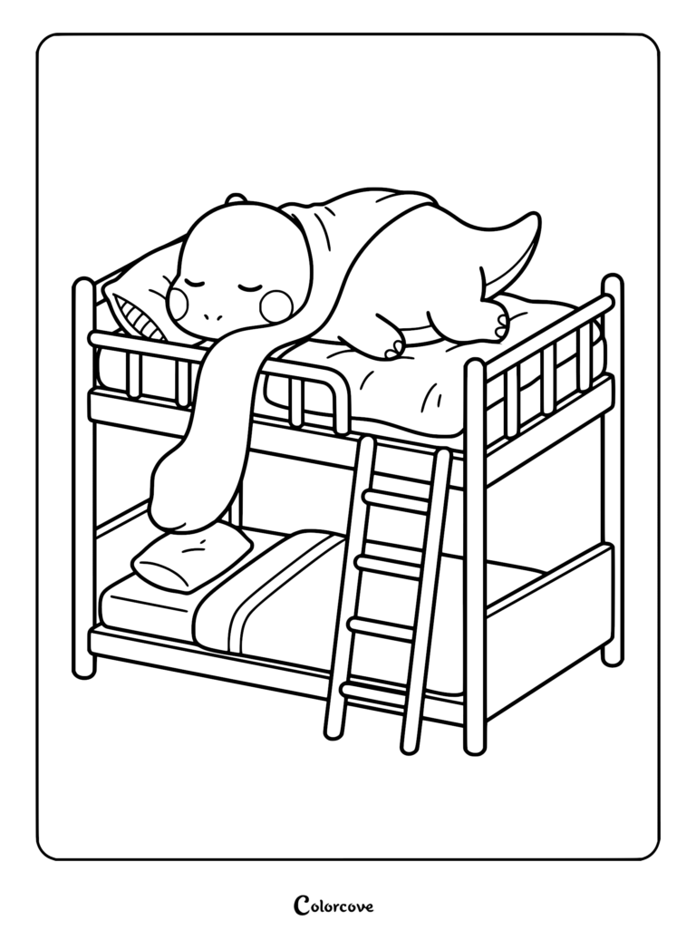 Charmander sleeping peacefully under a blanket on the top bunk of a wooden bed, coloring page style line art.