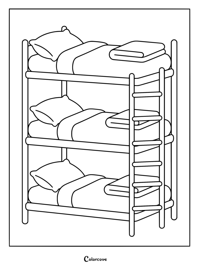 A simple line art coloring page featuring a triple-decker bunk bed with pillows and folded blankets on each level.
