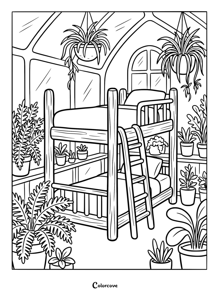 A wooden bunk bed surrounded by various potted plants and hanging ferns inside a glass greenhouse coloring page.