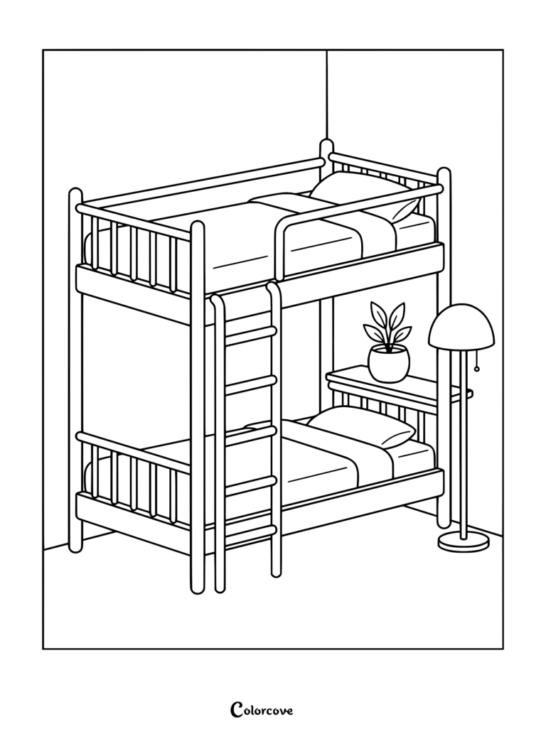 A simple line art coloring page of a wooden bunk bed with a ladder, a small shelf holding a potted plant, and a floor lamp standing beside it.