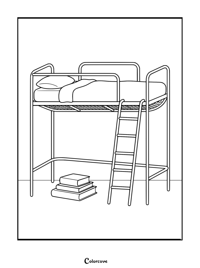 A simple line art coloring page of a metal loft bunk bed with a ladder and a stack of books underneath.