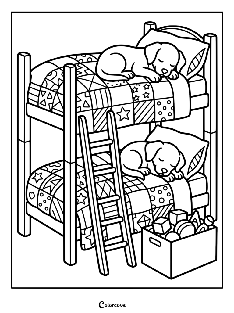Two cute puppies sleeping on a bunk bed with patterned quilts, a ladder, and a toy box in this printable coloring page.