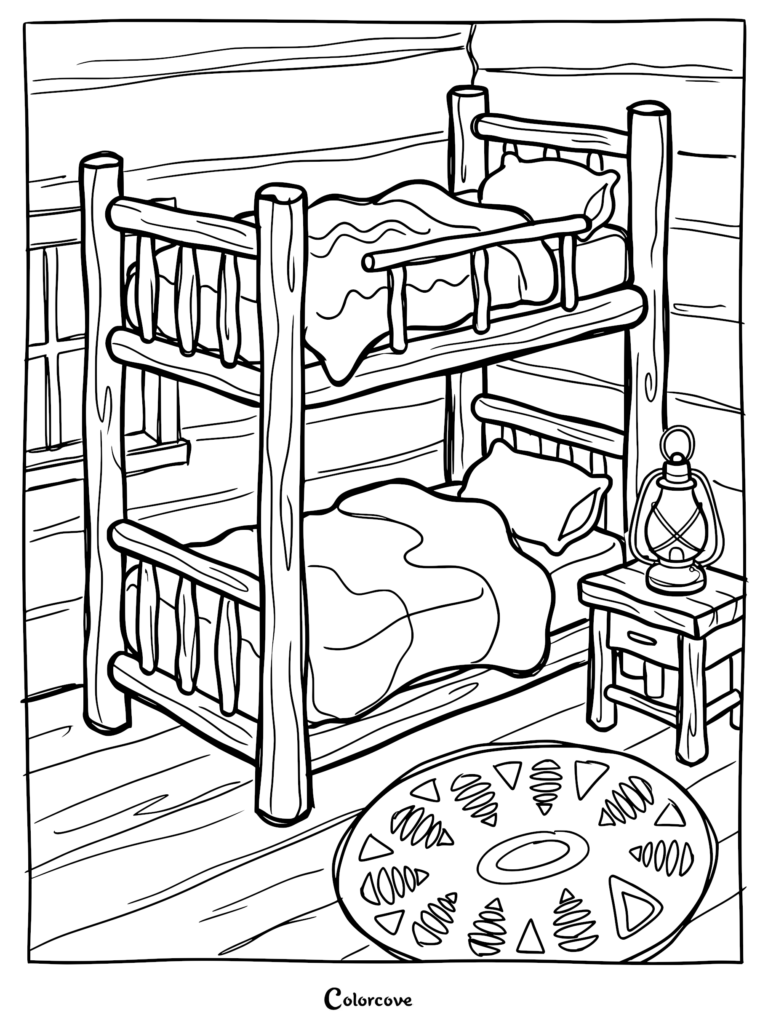 A rustic wooden bunk bed with a lantern on a nightstand and a patterned rug in a cabin, coloring page.