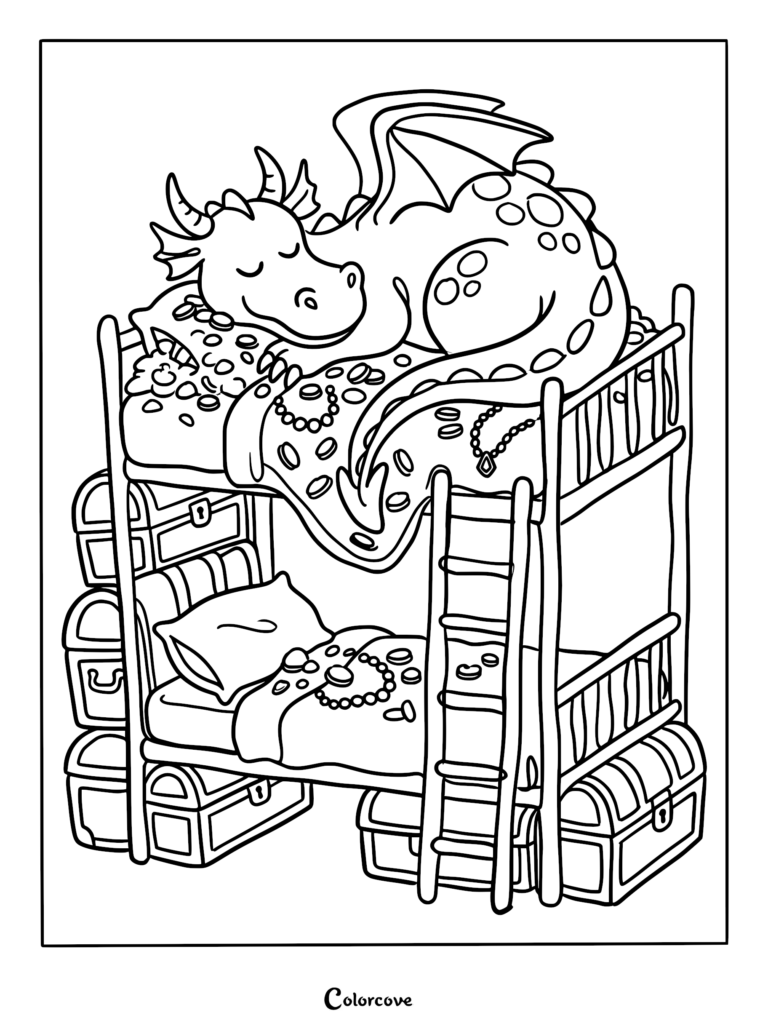 A cute dragon sleeping on a top bunk bed filled with gold coins and jewelry, printable coloring page.