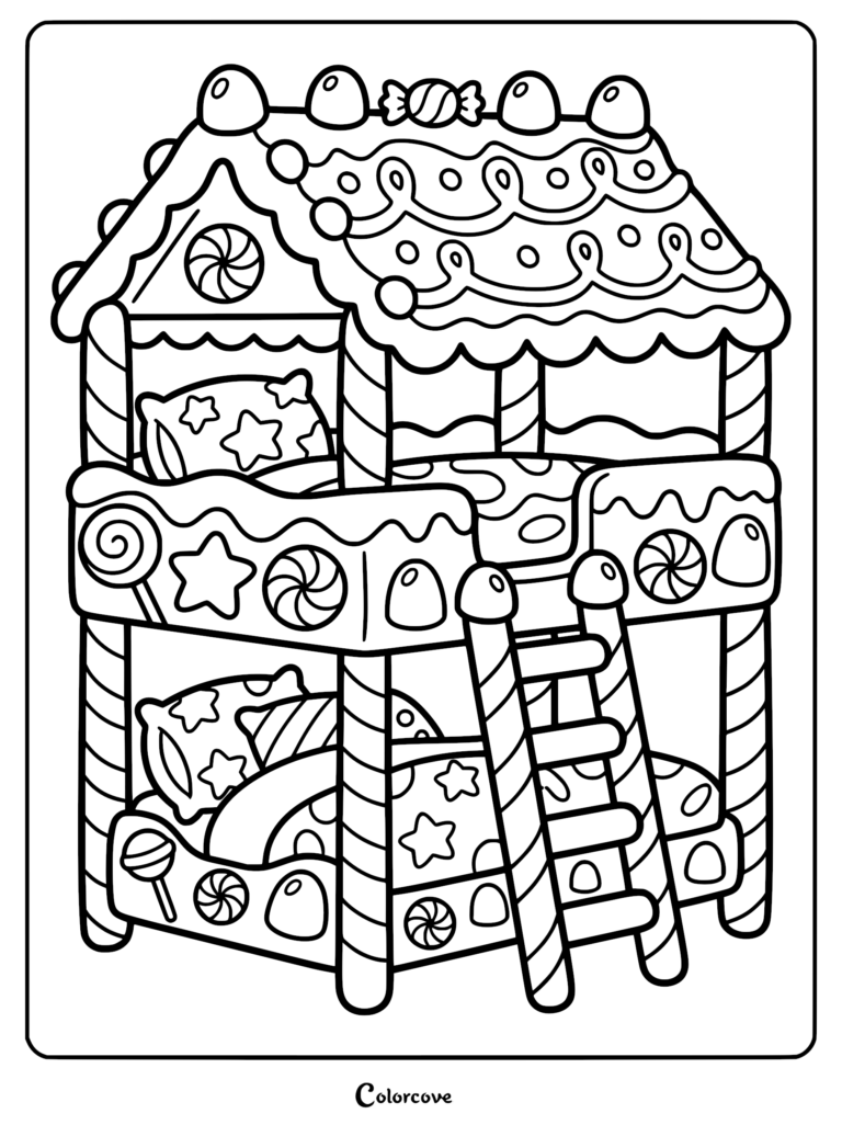 A whimsical candy themed bunk bed coloring page featuring a gingerbread house roof, star patterned pillows, and lollipop decorations on the frame.