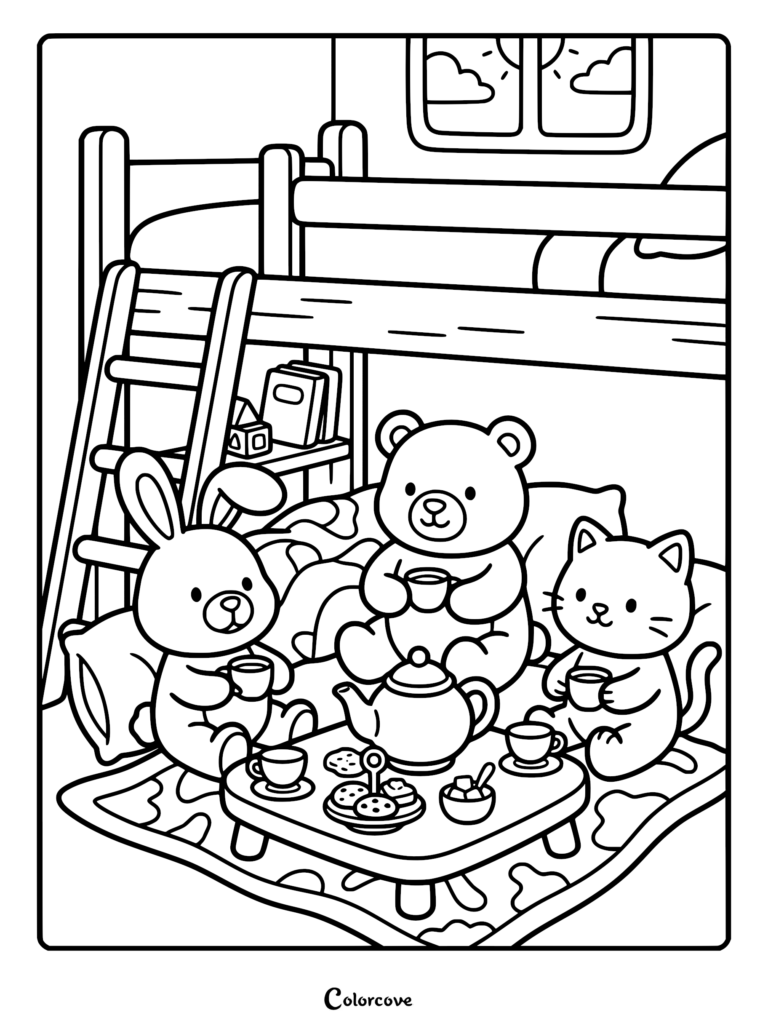 A coloring page featuring a teddy bear, a bunny, and a kitten having a tea party on a rug under a bunk bed.