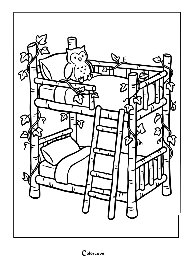 A whimsical coloring page featuring a rustic bunk bed made of birch logs wrapped in ivy vines, with a small owl sitting on the top mattress.
