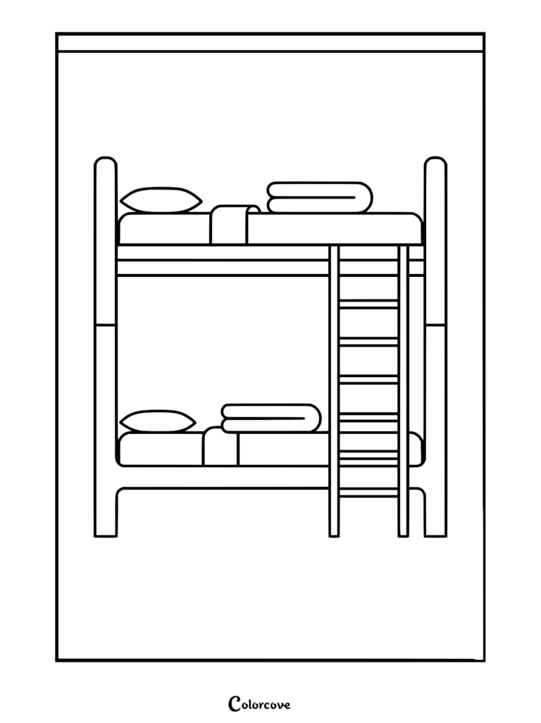 A simple line art coloring page of a bunk bed with pillows and folded blankets on both levels and a vertical ladder.