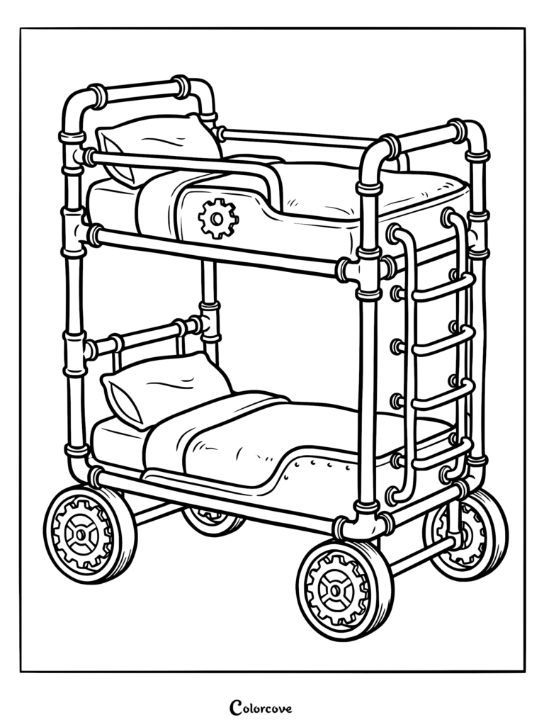 A printable coloring page featuring a steampunk-style bunk bed made of metal pipes, featuring gear-shaped wheels and a side ladder.