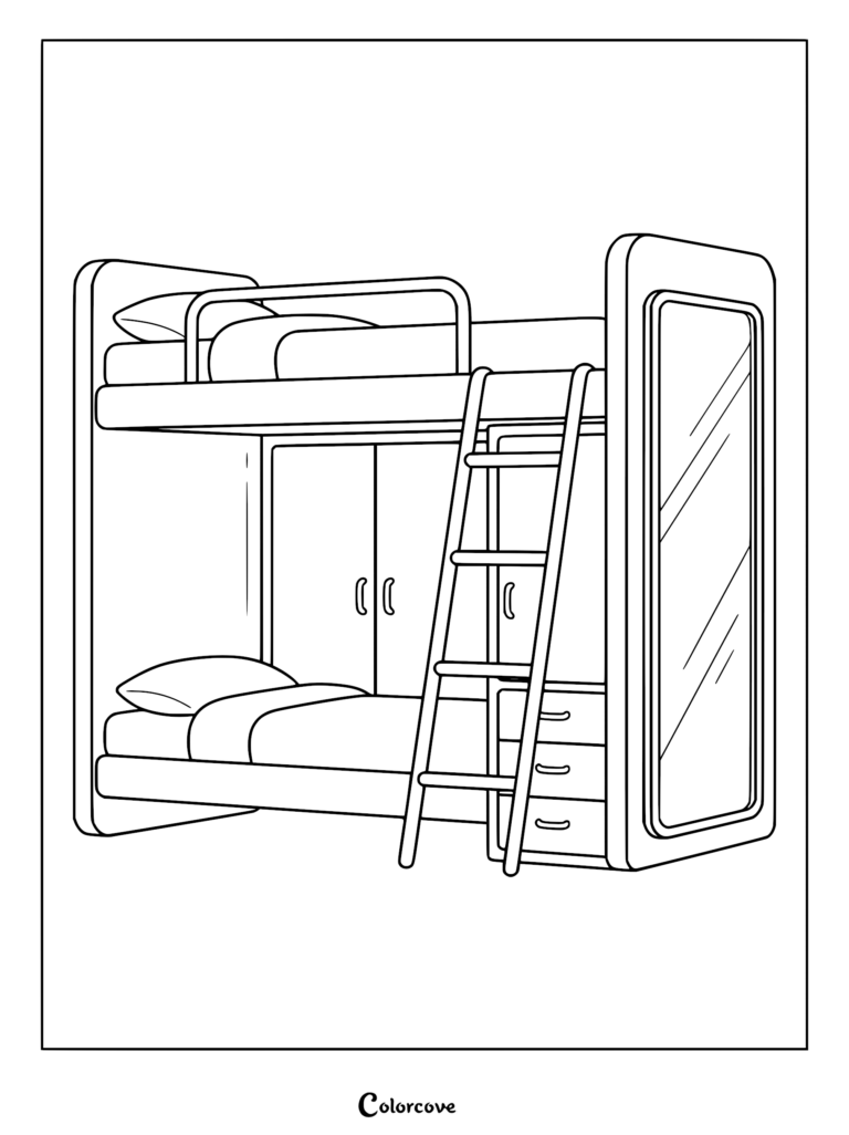 A line art coloring page of a bunk bed featuring a built-in wardrobe, drawers, and a side mirror.