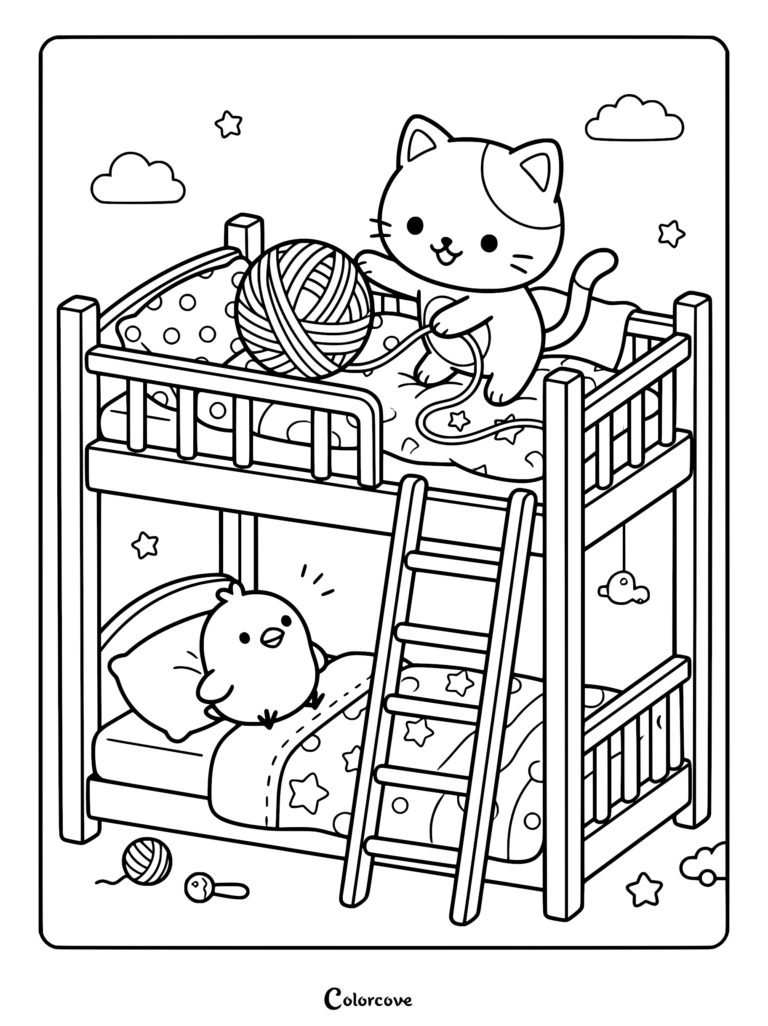 A cute kitten playing with a ball of yarn on the top bunk while a small chick rests in the bottom bunk of a wooden bed, coloring page style.