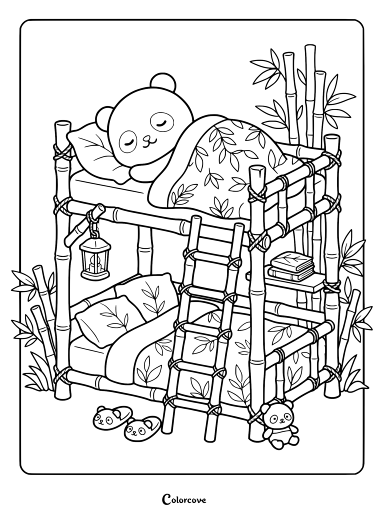 A cute panda sleeping on the top bunk of a bamboo bed in this printable coloring page featuring a hanging lantern and panda slippers.