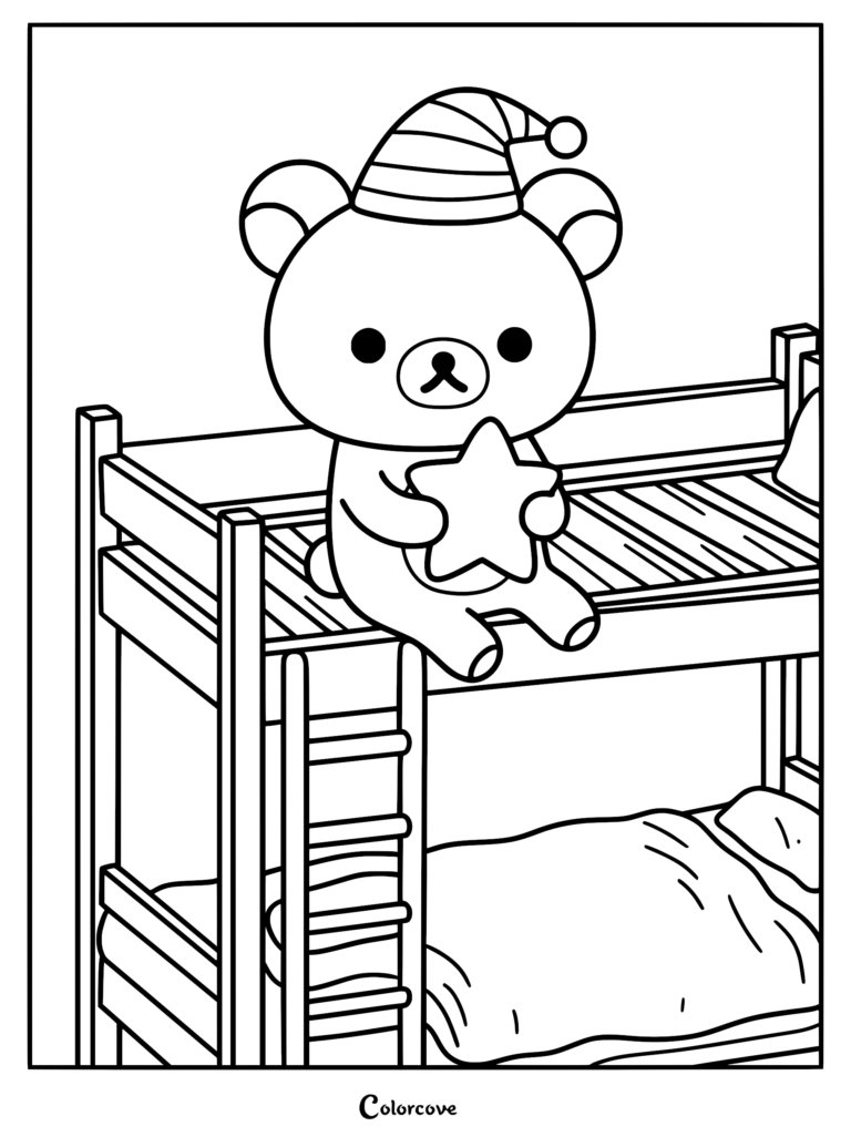 Rilakkuma wearing a striped nightcap holding a star while sitting on the top bunk of a wooden bed, printable coloring page.