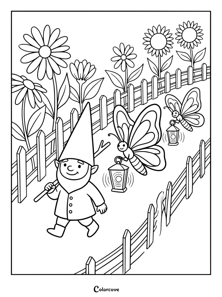 A garden gnome walking down a path with two butterflies carrying lanterns in a flower garden coloring page.