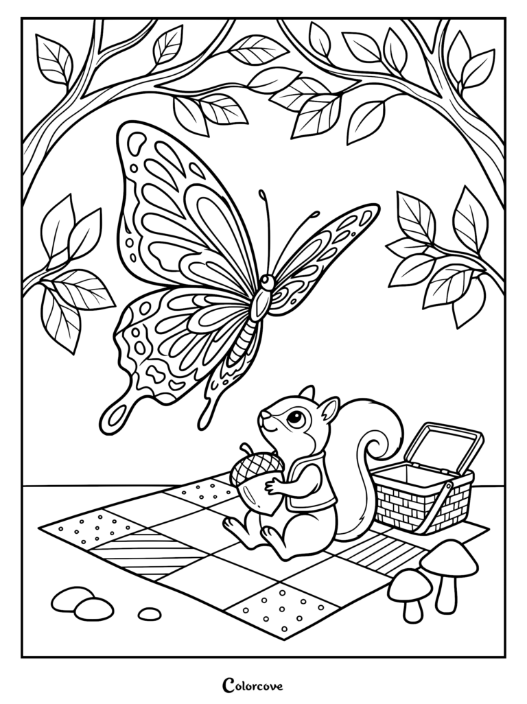 A squirrel holding an acorn on a checkered picnic blanket with a large butterfly flying above, featured in a printable coloring page.
