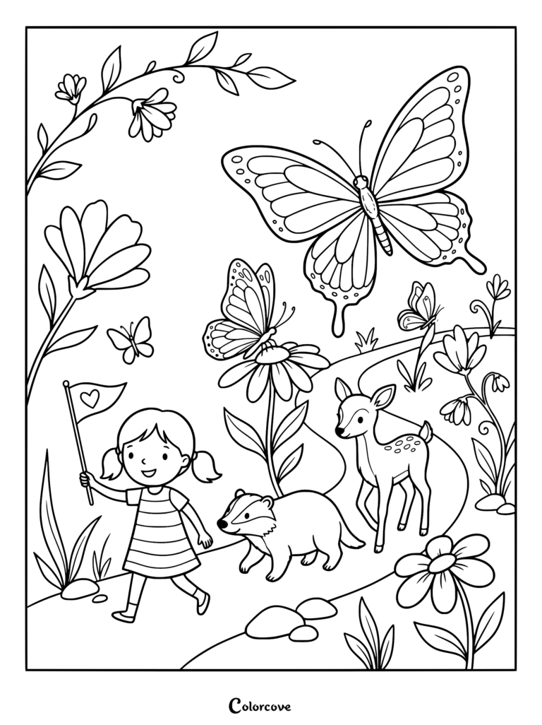 A girl with pigtails holding a heart flag walks with a badger and a fawn on a path under butterflies, coloring page.