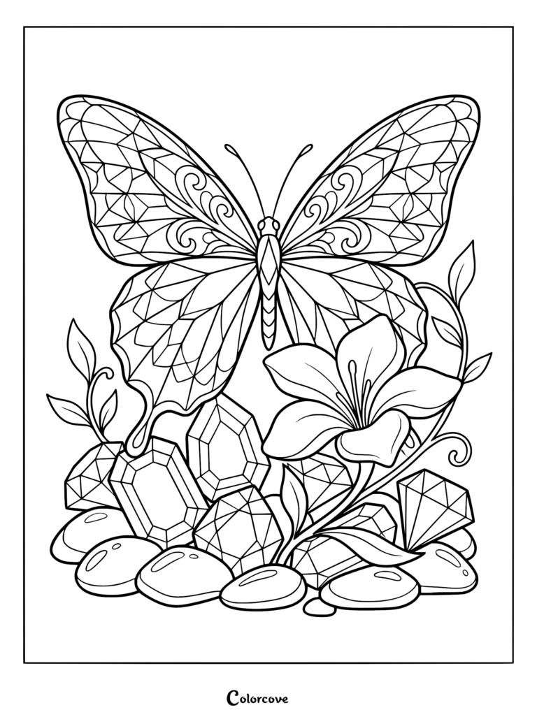 A detailed coloring page featuring a butterfly with geometric wing patterns resting above a cluster of faceted gemstones and a blooming lily flower.