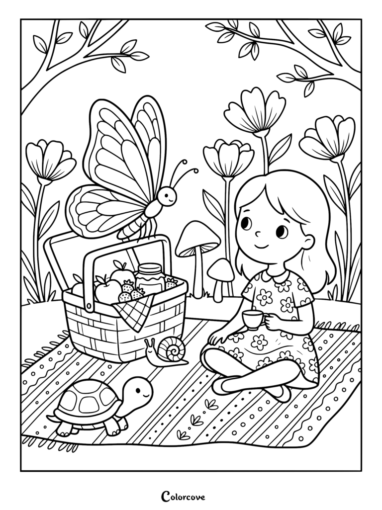 A girl having a picnic with a butterfly, turtle, and snail on a patterned blanket, coloring page style line art.