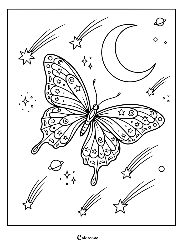 A cozy butterfly with star and swirl wing patterns flying past a crescent moon, planets, and shooting stars in this printable coloring page.