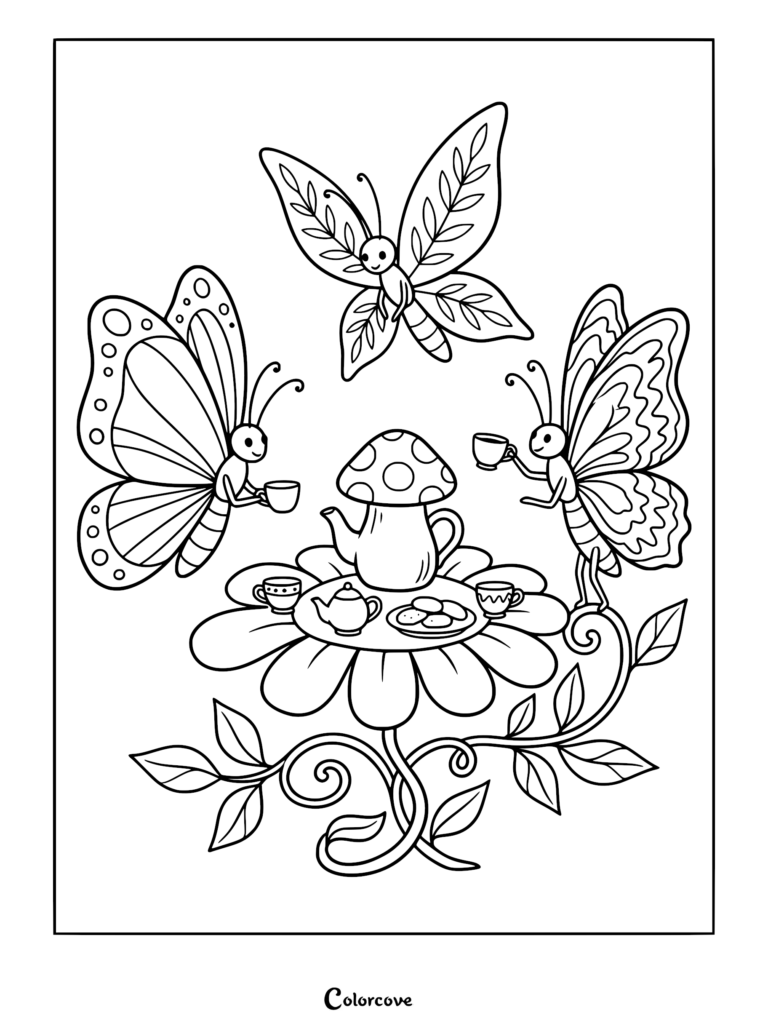 Three butterflies having a tea party on a large flower coloring page with a mushroom teapot and cookies.