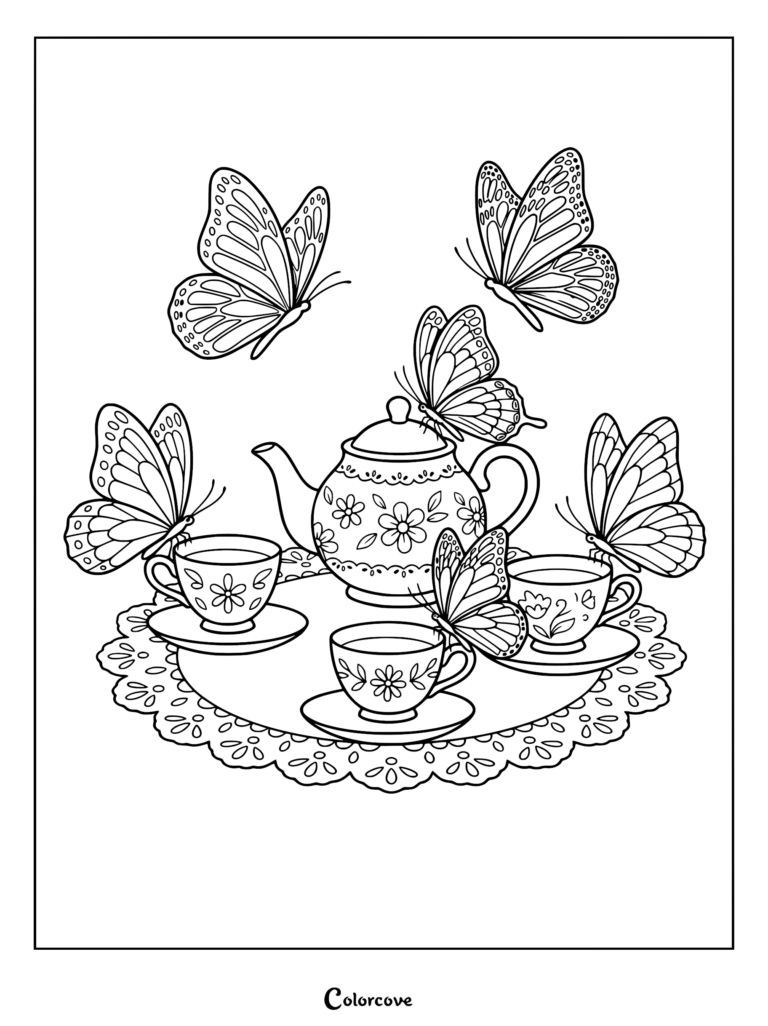 A coloring page featuring a floral teapot and three teacups on a lace doily surrounded by five butterflies.