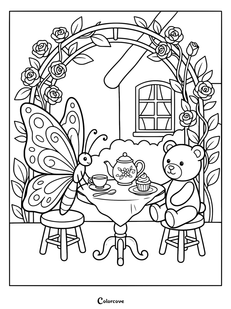 A butterfly and a teddy bear sitting at a small table with tea and a cupcake under a rose archway coloring page.