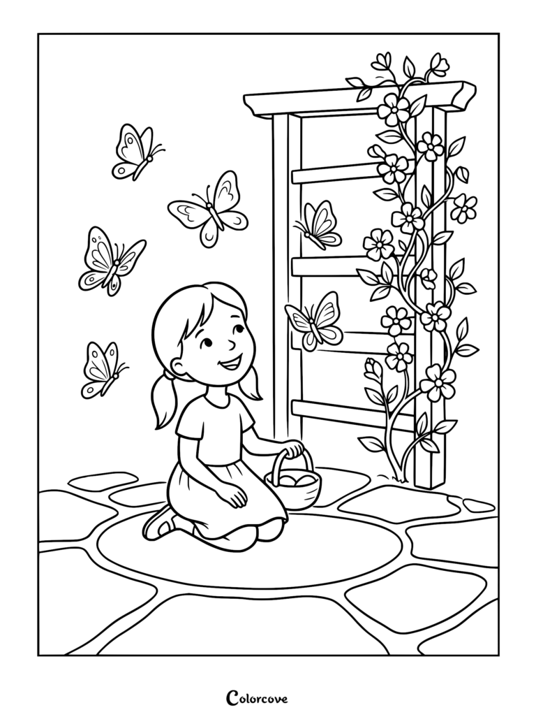 A young girl with pigtails kneeling on a stone path with a basket, surrounded by butterflies near a flower-covered trellis in this coloring page.