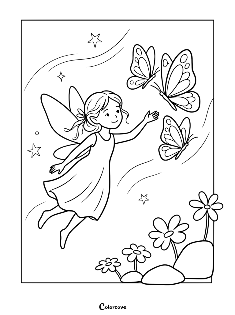 A young fairy with wings reaching out to two butterflies in a starry sky above flowers on a printable coloring page.