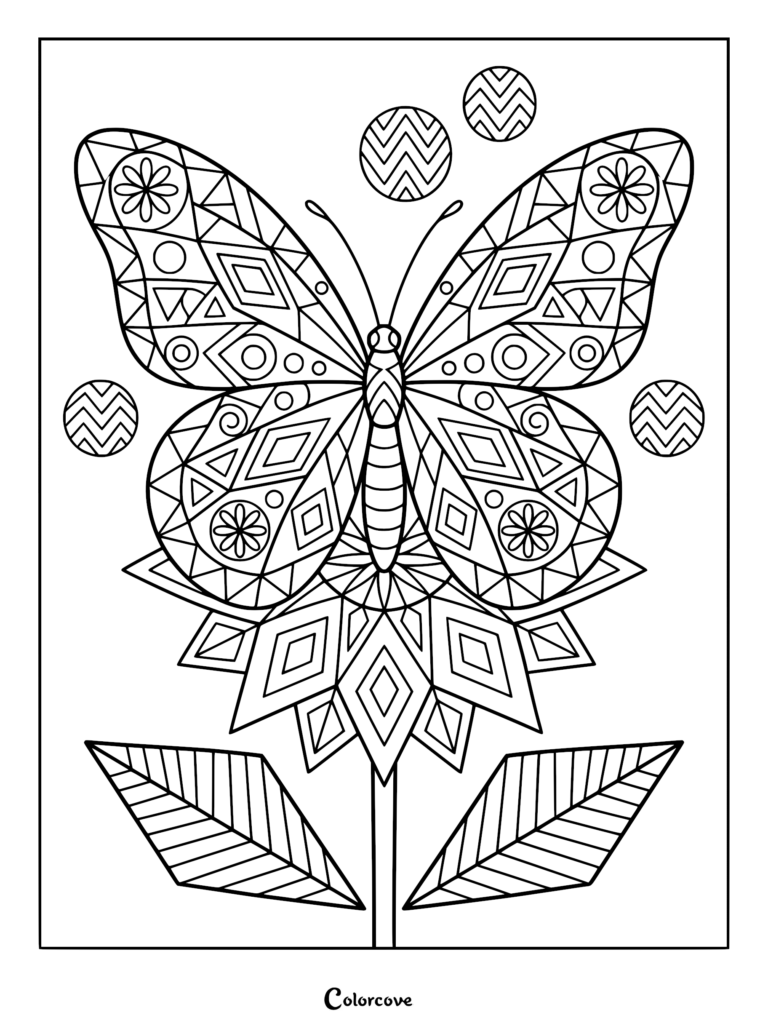 A geometric butterfly with intricate patterns resting on a stylized flower, surrounded by chevron circles in this printable coloring page.