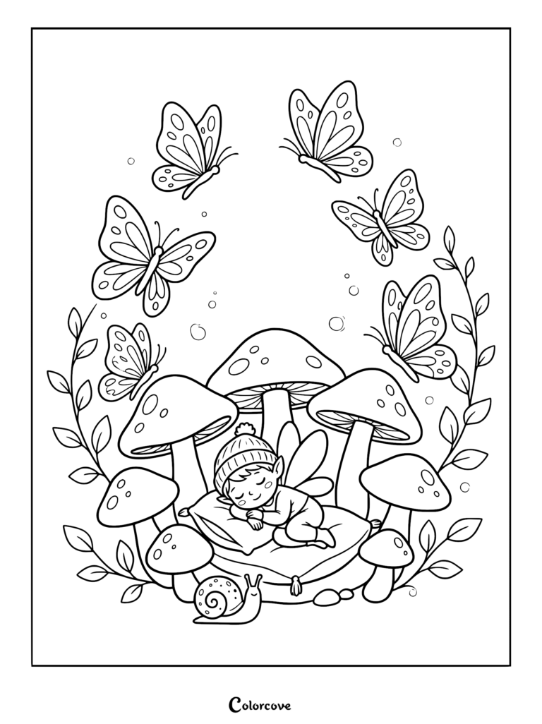 A tiny fairy wearing a beanie sleeping on a pillow surrounded by mushrooms, a snail, and butterflies in this printable coloring page.